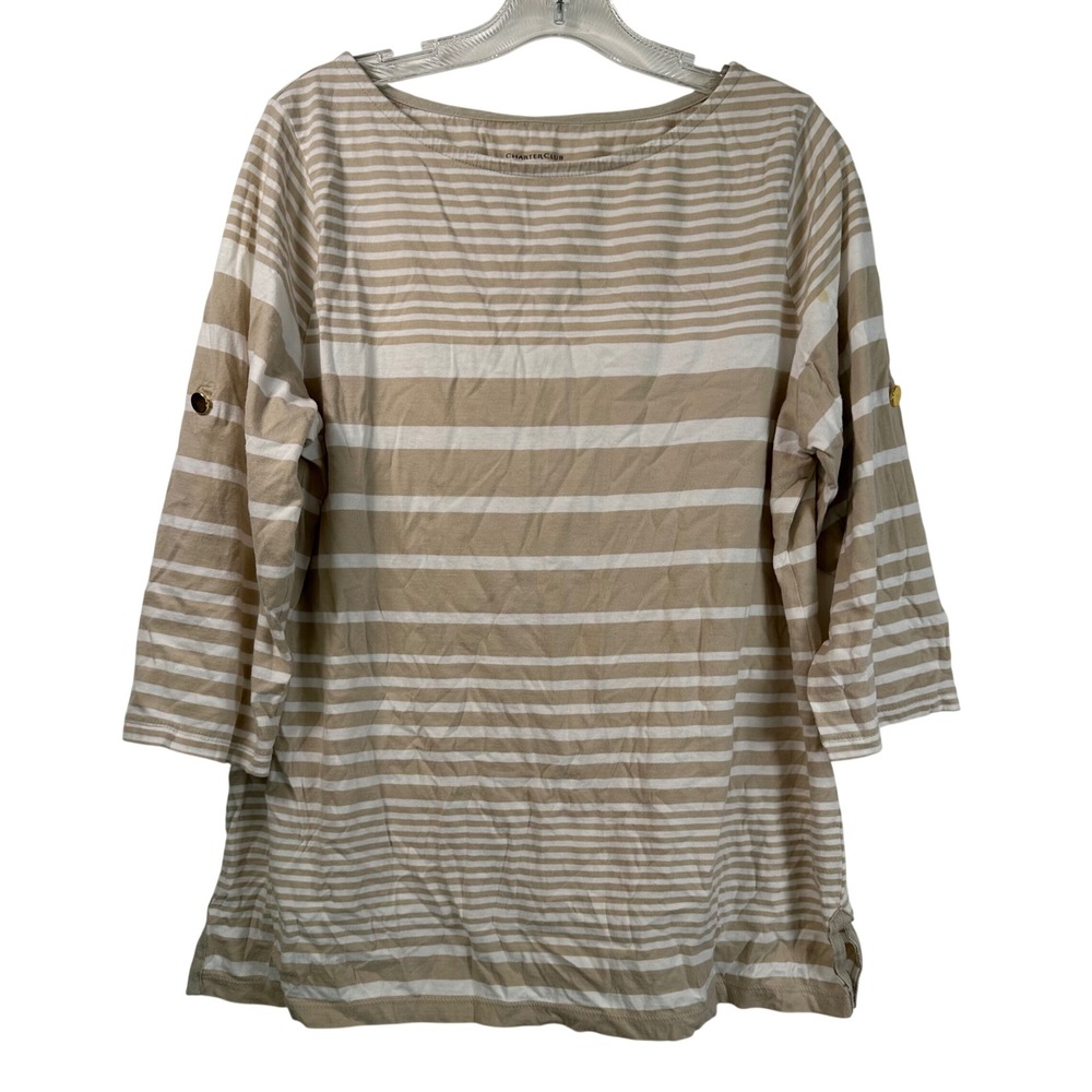 Charter Club Womens XL Tan White Striped 100% Cotton Boat Neck 3/4 Sleeve Top